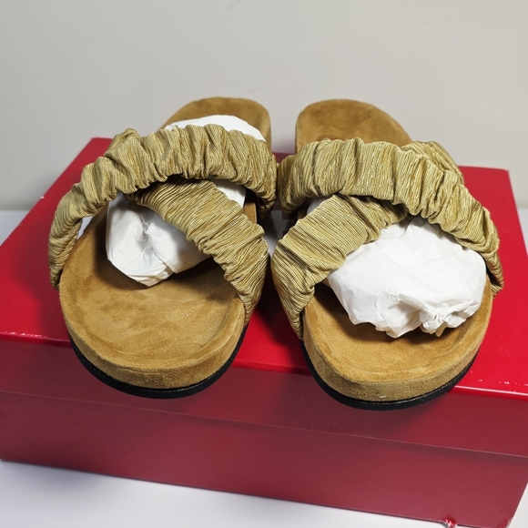 NWB STAUD Tan Ruching Criss Crossing Straps Women's Slip On Sandals Size 38 - Picture 5 of 9